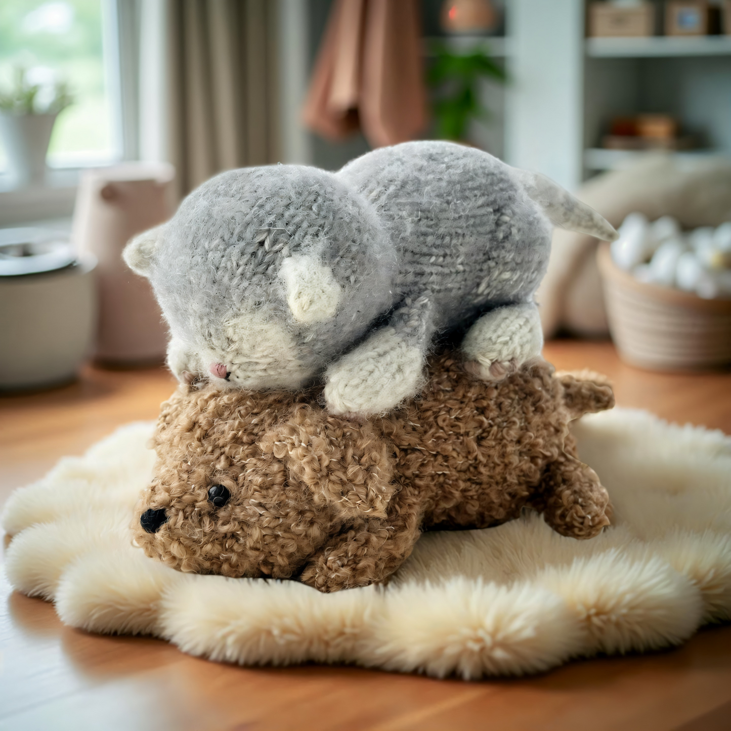 Sleeping kitten and Barnie the puppy knitting pattern