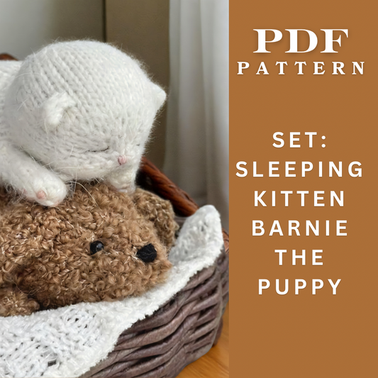 Sleeping kitten and Barnie the puppy knitting pattern
