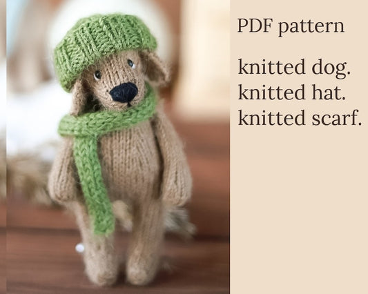 Cute knitted puppy in a hat and scarf Knitting pattern